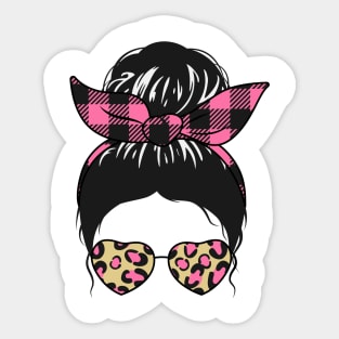 Messy Bun Girl Pink Check Bandana & Leopard Print Sunglasses Sticker